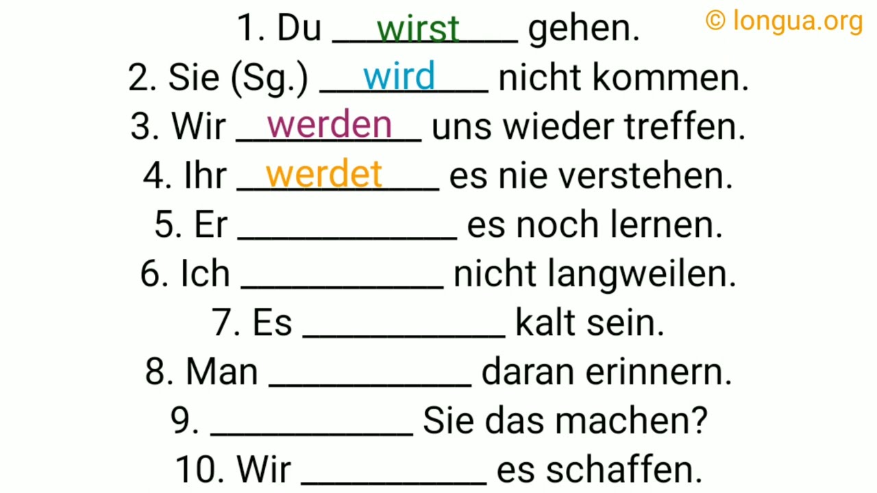 Futur, werden, wird, gehen, kommen, treffen, verstehen, lernen, langweilen, sein, erinnern, machen,