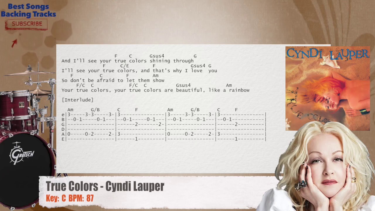 🥁 True Colors - Cyndi Lauper Drums Backing Track with chords and lyrics