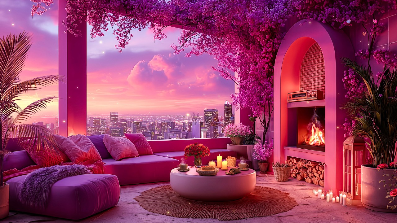 Pink Blossom Sunset 🌆 Luxury Balcony Lounge with Fireplace and City Skyline View 4K