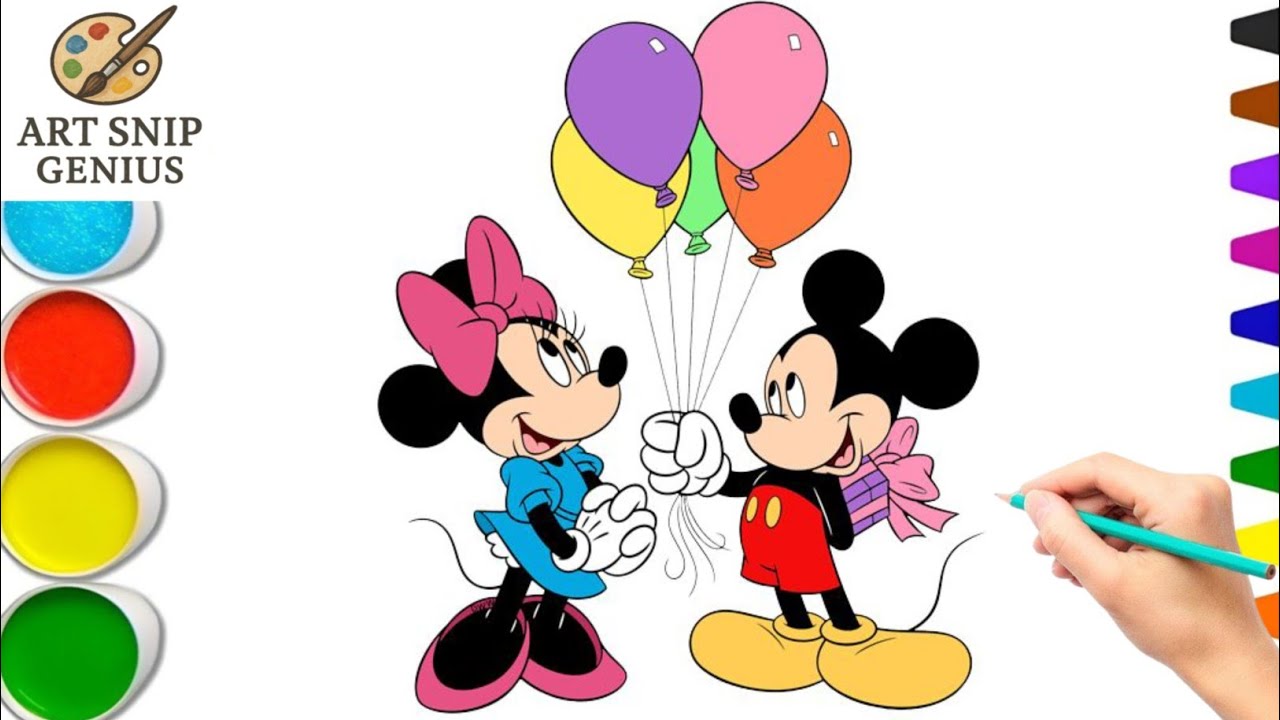 How to Draw and Color Mickey & Minnie Mouse 🎈 Step by Step Disney Art ...
