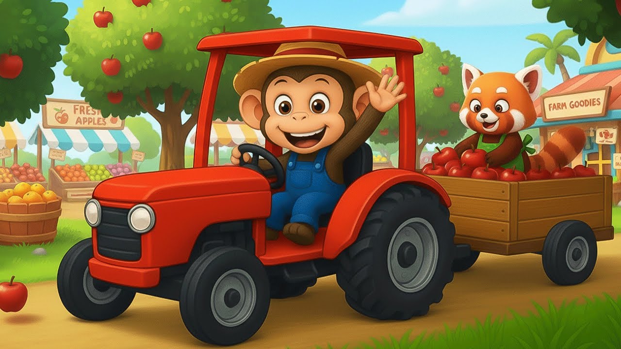 Monkey & Red Panda Harvest Red Apples With Tractor and Sell Them at the Market! 🍎🐒🦊🚜 | Funny monkey