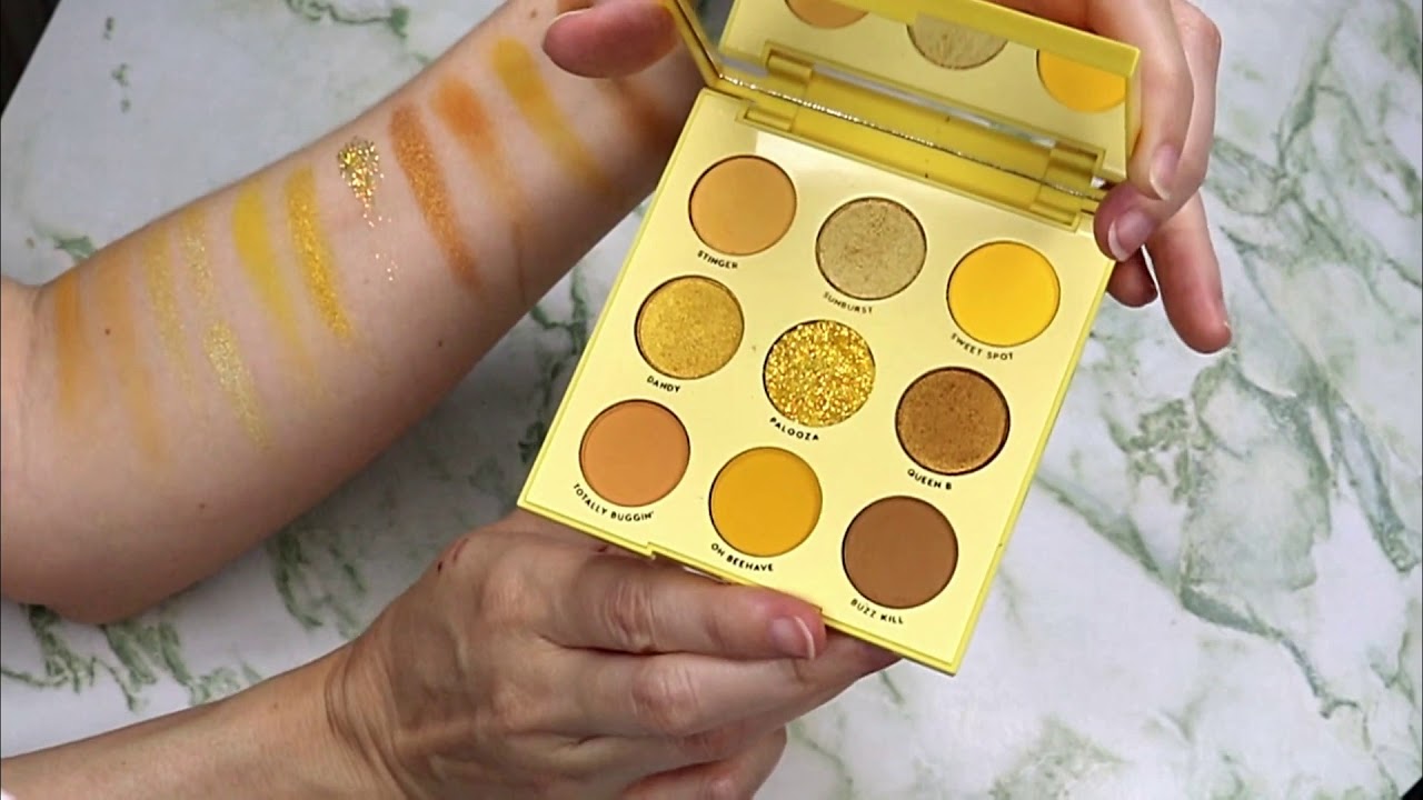 Swatching the Colourpop Uh Huh Honey Palette with brush, eye, and finger swatches and video inside a