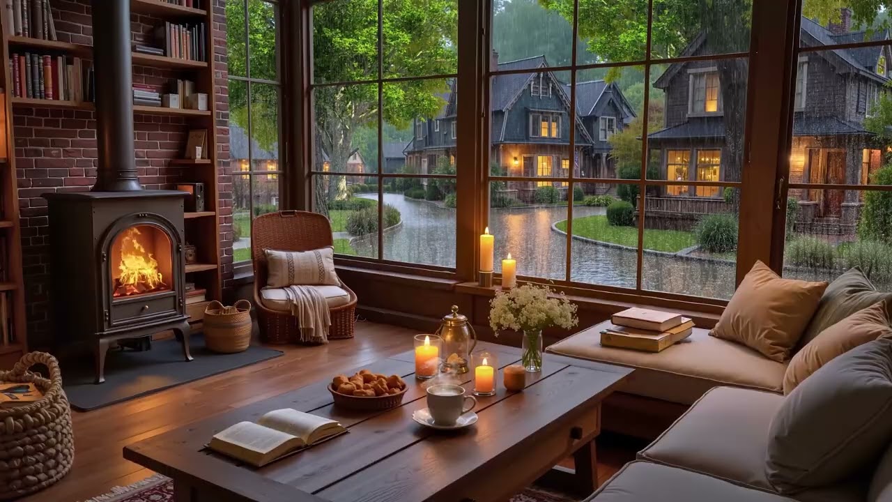 Тихое дождливое мартовское кафе ☕ Нежная джазовая фортепианная музыка, дождь и звуки камина