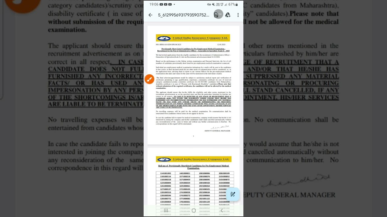 # UIICL AO List of Shortlisted candidates for Pre Medical Test ,2024-25 