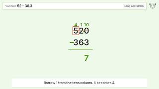 Long Subtraction Problem 52-36.3: Step-by-Step Video Solution