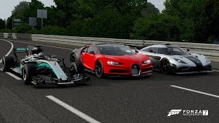 Forza 7 Drag race: F1 (Tuned) vs Koenigsegg One:1 vs Bugatti Chiron