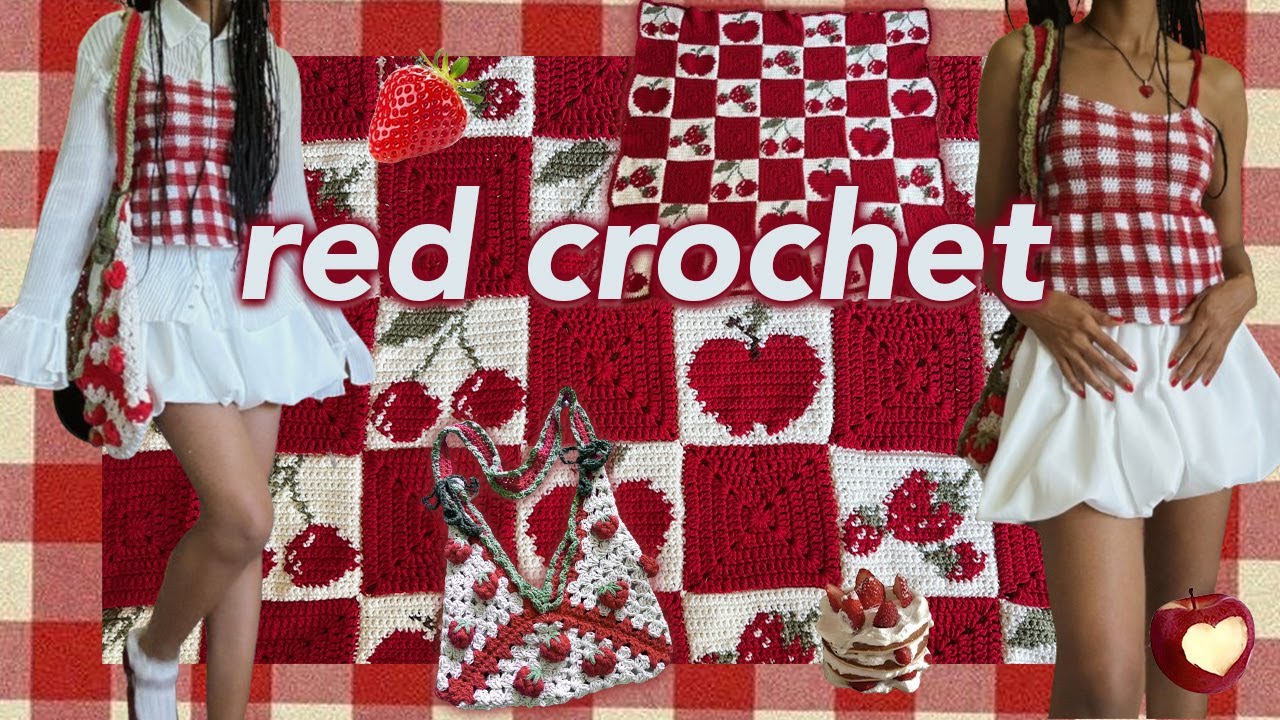 🍓 Red Crochet | 🍒 fruit blanket, gingham top 🍰, strawberry tote bag 🍓