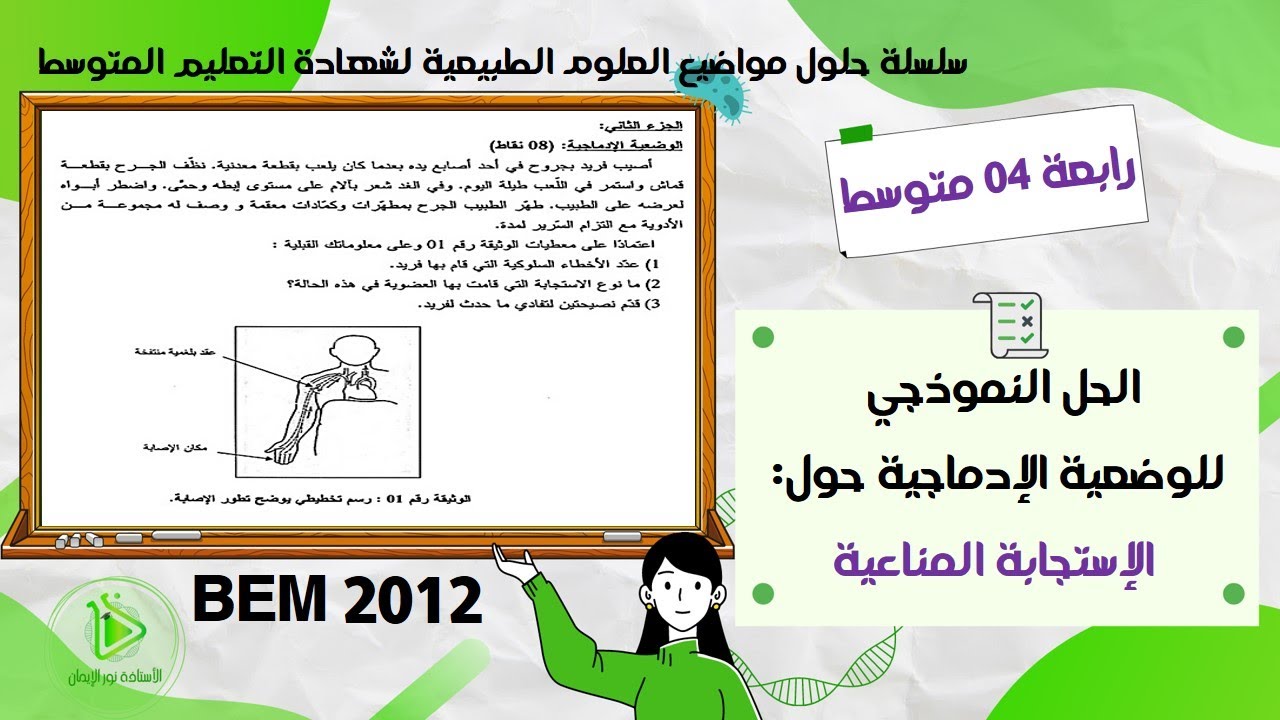 حل موضوع العلوم الطبيعية لشهادة التعليم المتوسط  2012 - حل الوضعية الإدماجية حول الإستجابة المناعية