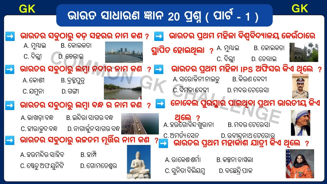 India Gk Part - 1 || India Top 20 Gk questions || India Gk in Odia || Common GK Challenge