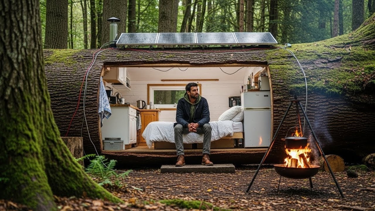 BUILDING A TINY HOUSE IN THE FOREST – A MAN BUILDS A MINI HOME INSIDE A TREE TRUNK ALL BY HIMSELF !