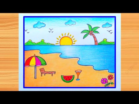 Summer Season Scenery Drawing Easy | How to Draw Sea Beach Scenery Easy step | Beach Scenery Drawing