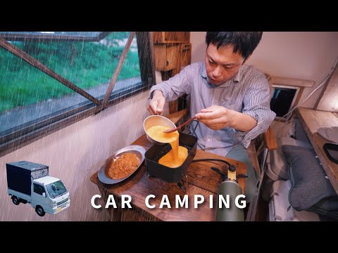 [Rain car camping] SOLO CAMP at the riverside in the light rain. Light truck camper. 111