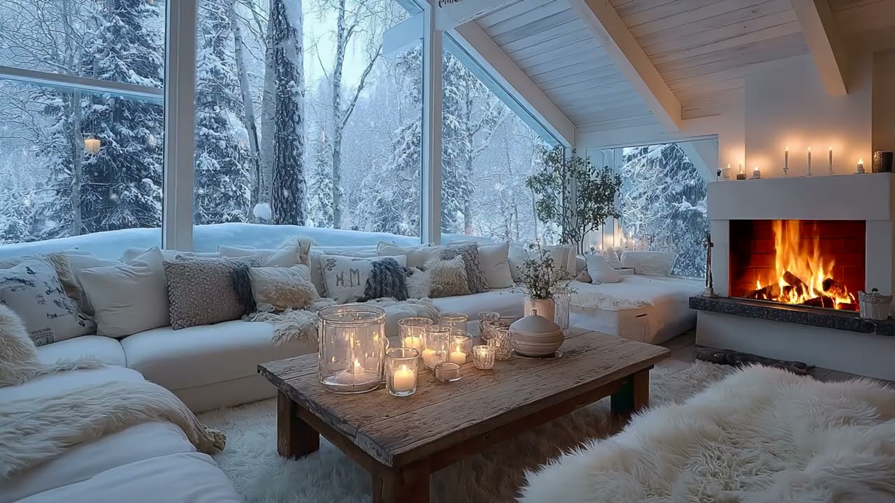 Winter White Piano Lounge with Soft Fireplace Glow and Flowers for 3 Hours of Healing Calm