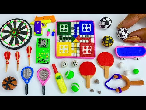 DIY How to Make Miniature Polymer Clay Sports items Set with Dart, Ludo, Cricket Ball, Gun,