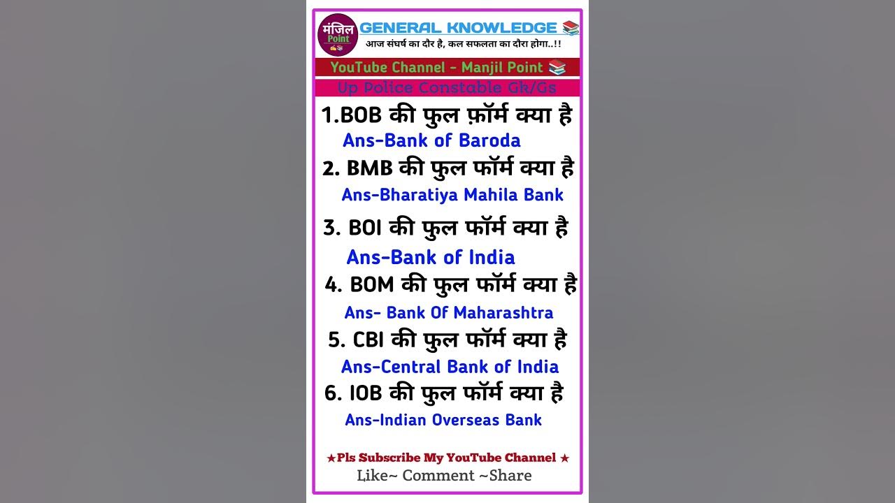 Full Form of Banks RBI,CBI, BOI, BOB important gk question 