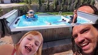 big BACKYARD pool spa hot tub THING!!  Adley \& Niko best day ever at our new favorite swimming spot!