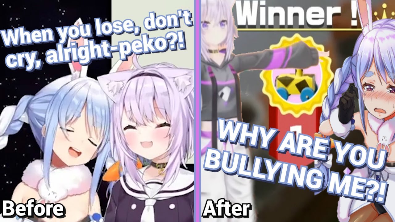 Pekora and Okayu play clubhouse games; Pekora boasts, gets nonstop bullied and degraded by Okayu