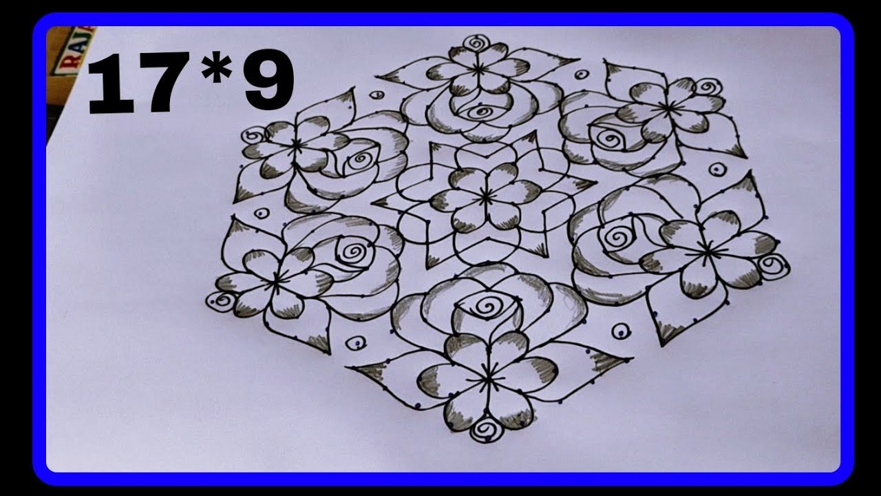17*9 dots rangoli, creative rangoli, beautiful flowers rangoli ll Geethika Rangoli 