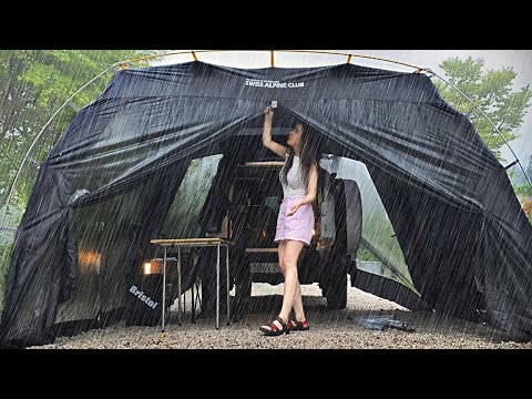Camping in the heavy rain relaxing Solo car black Shelter vibes/ rain ASMR