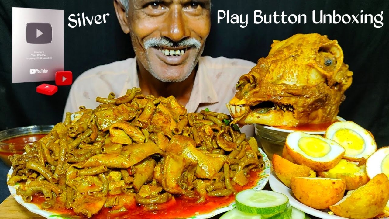 ASMR: Eating Oily Mutton Boti Curry, Big Goat Head Curry with Rice || SILVER PLAY BUTTON UNBOXING