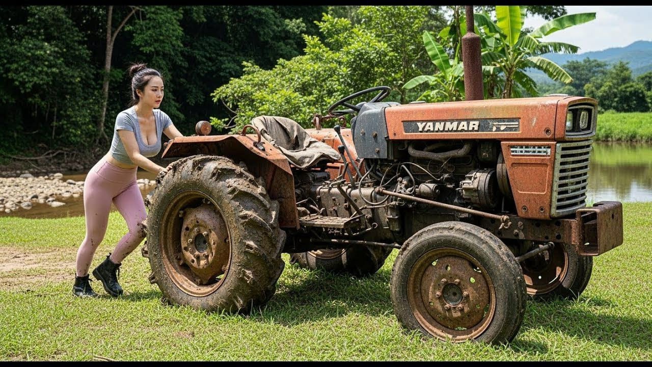 Girl rescues and repairs an overturned tractor in a field