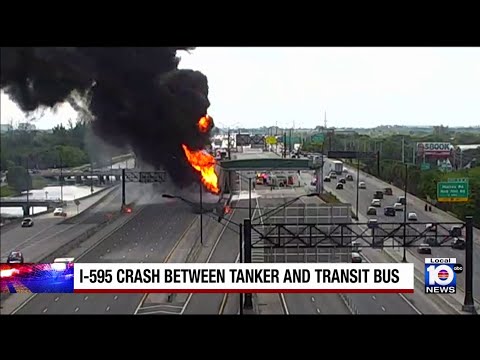 Tanker truck erupts in flames after sideswiping bus on I-595