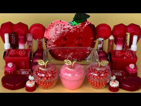 RED SLIME ❤️ Mixing makeup and glitter into Clear Slime. Satisfying Slime Videos 1080p.
