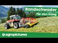 Heuernte in den Bergen mit Pöttinger Mergento Alpin Pickup Front Bandschwader an Metrac und Lintrac