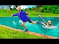 POND MONSTER IS ANGRY!! (Escapes Sharer Fam Water Slide)