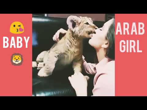 Beautiful Arab girl kiss lion baby