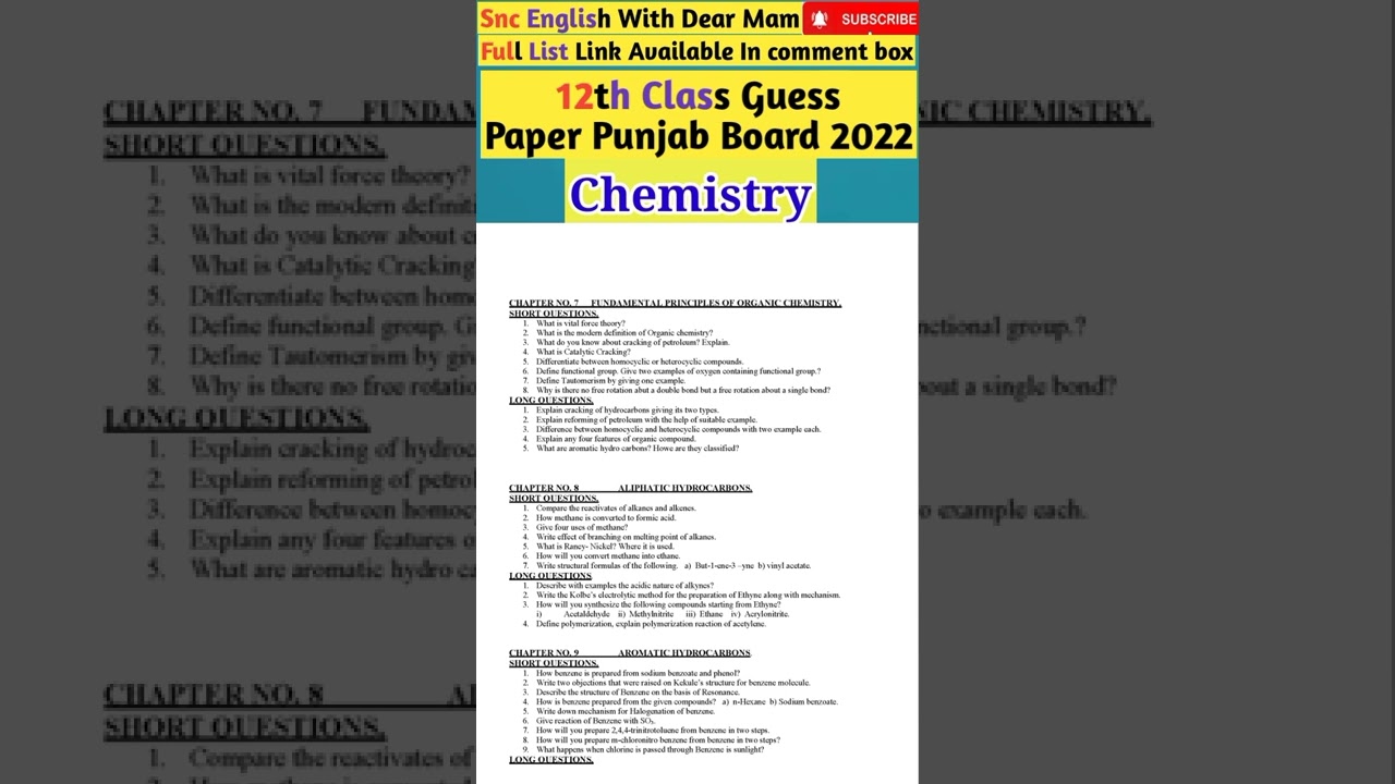 chemistry 12th class Guess Paper , punjab board Pakistan 2022
