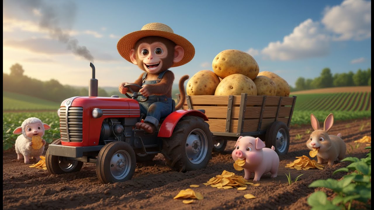 Monkey Farmer Drives Tractor, Funny Farm Cartoon: Giant Potato to Yummy Snacks Journey