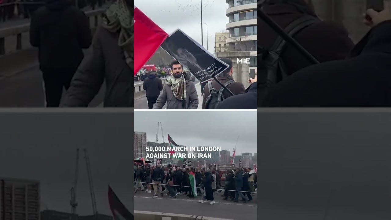 50,000 protesters marched through London in opposition to US-Israeli strikes on Iran.