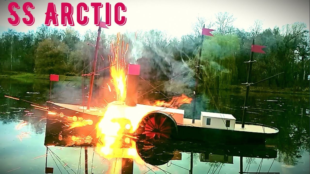 SS Arctic on fire. Cardboard ship burning and sinking