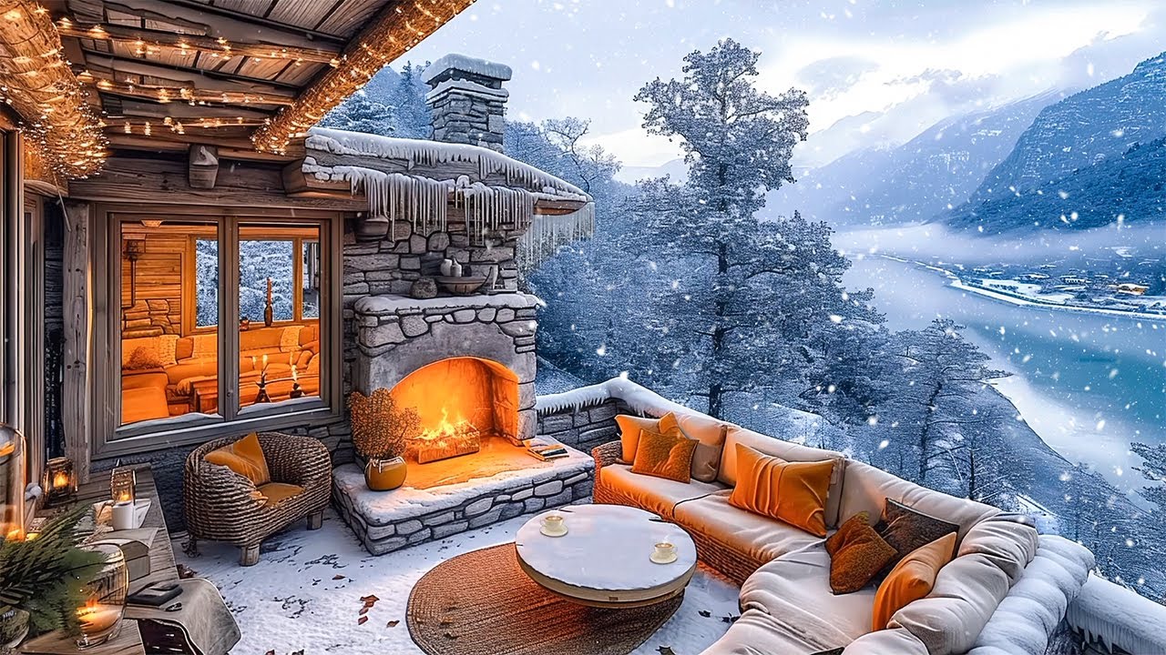 Sweet Jazz Relaxing Music In A Winter Cozy Porch Ambience ♨ Fireplace ...