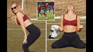 Paige Spiranac takes top off and performs Ronaldo's Siu as she tries iconic celebrations