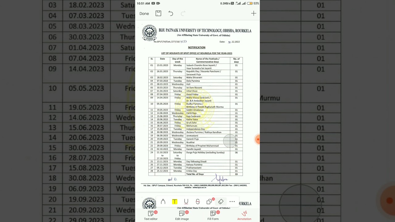 BPUT HOLIDAY LIST 2023