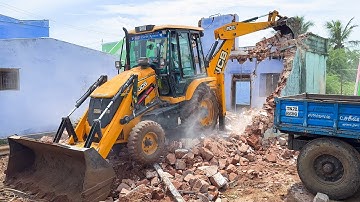 JCB 3DX Plus Old House Demolition and Debris Loading in Sonalika Mahindra Tractor in Village