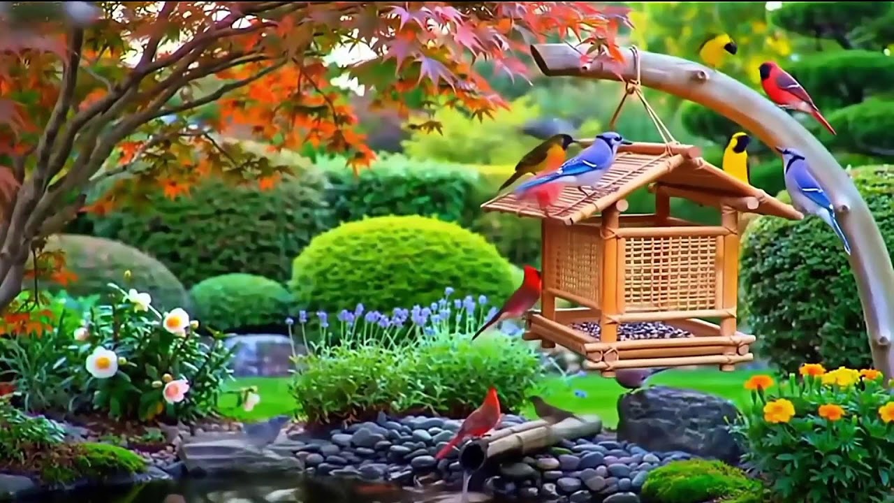🔴 LIVE 4K Cottage Garden Bird Feeder: Cardinals, Woodpeckers, Song Birds, Bees, Sleep and Flowers