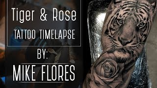 Tattoo time lapse Realistic Rose and Tiger - tattoo by Mike Flores