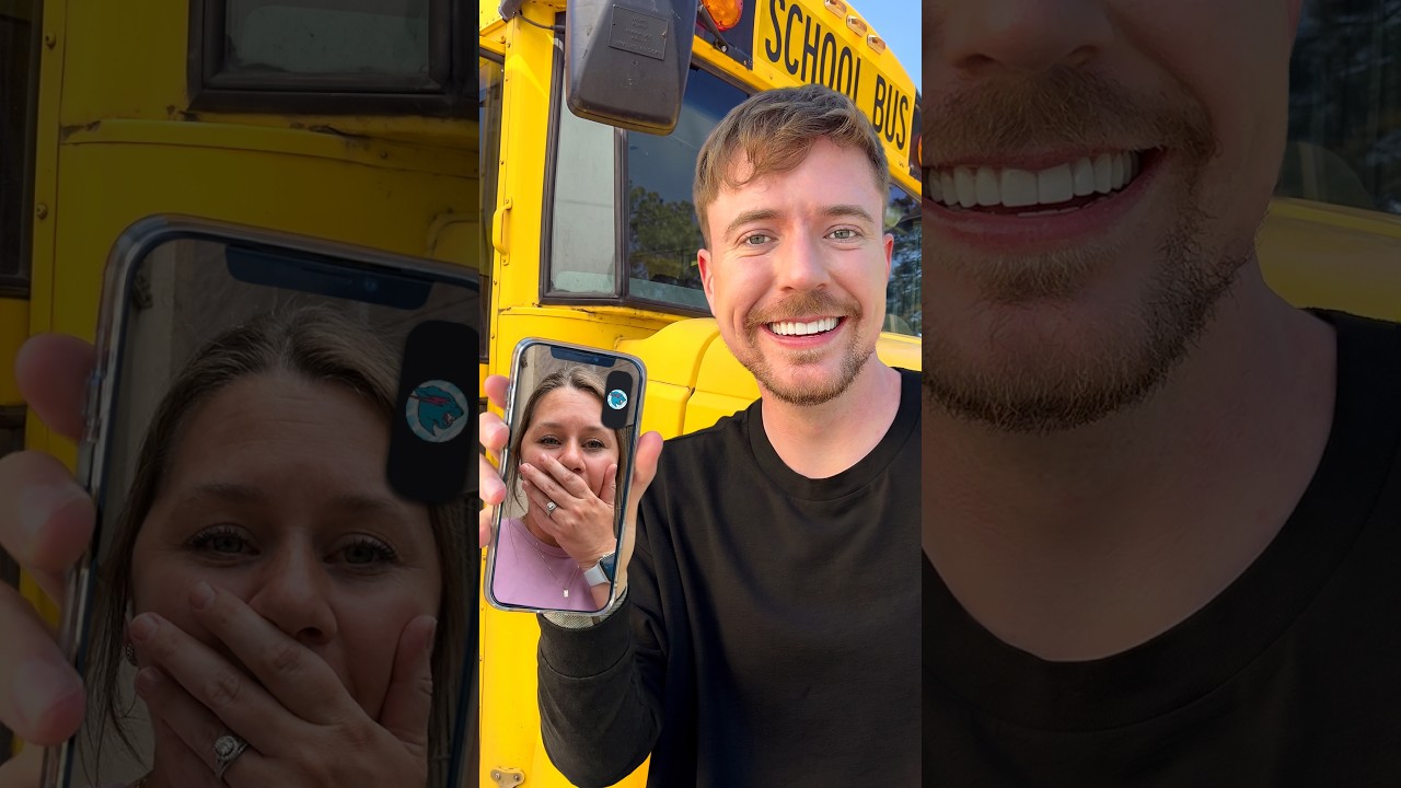 MrBeast sonriendo delante de un autobús escolar amarillo mientras una profesora reacciona en una videollamada