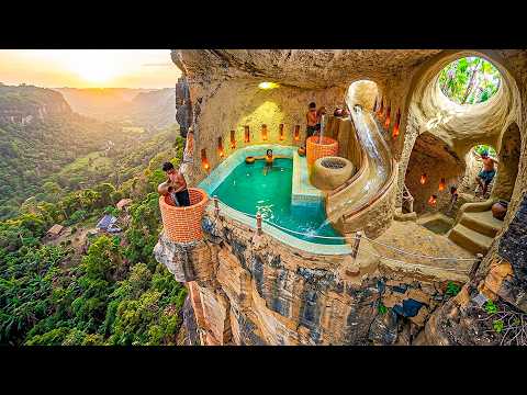 Building a Cliff Pool Complex 100m Above the Ground on Dangerous Rocky Cliffs Using Primitive Tools