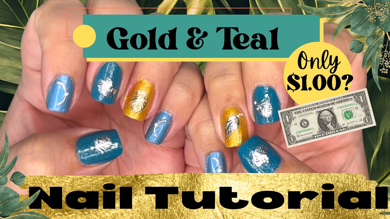 Gold & Teal Tropical Nails using AOA Studio $1 Stickers 