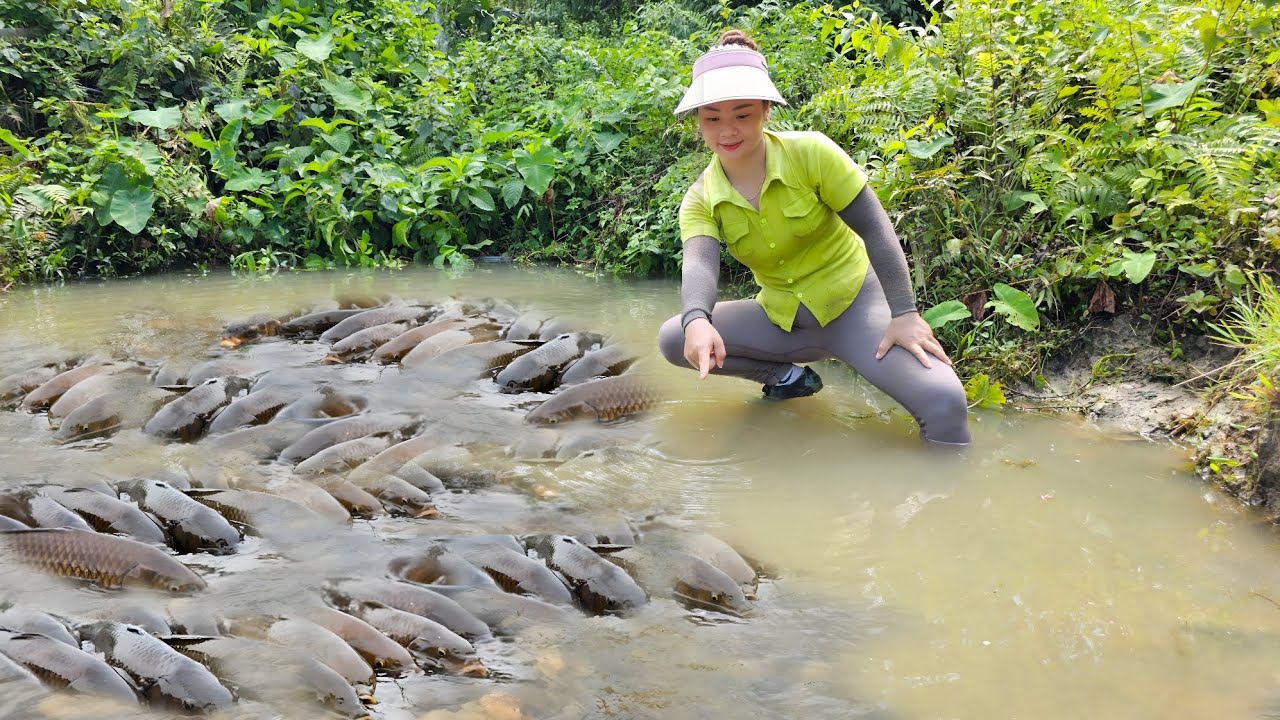 The girl used a pump to suck water out of the deep puddle, catching a ...