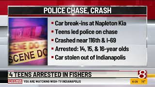 4 boys arrested after car theft, vehicles' damage, and Fishers, Indiana, police chase