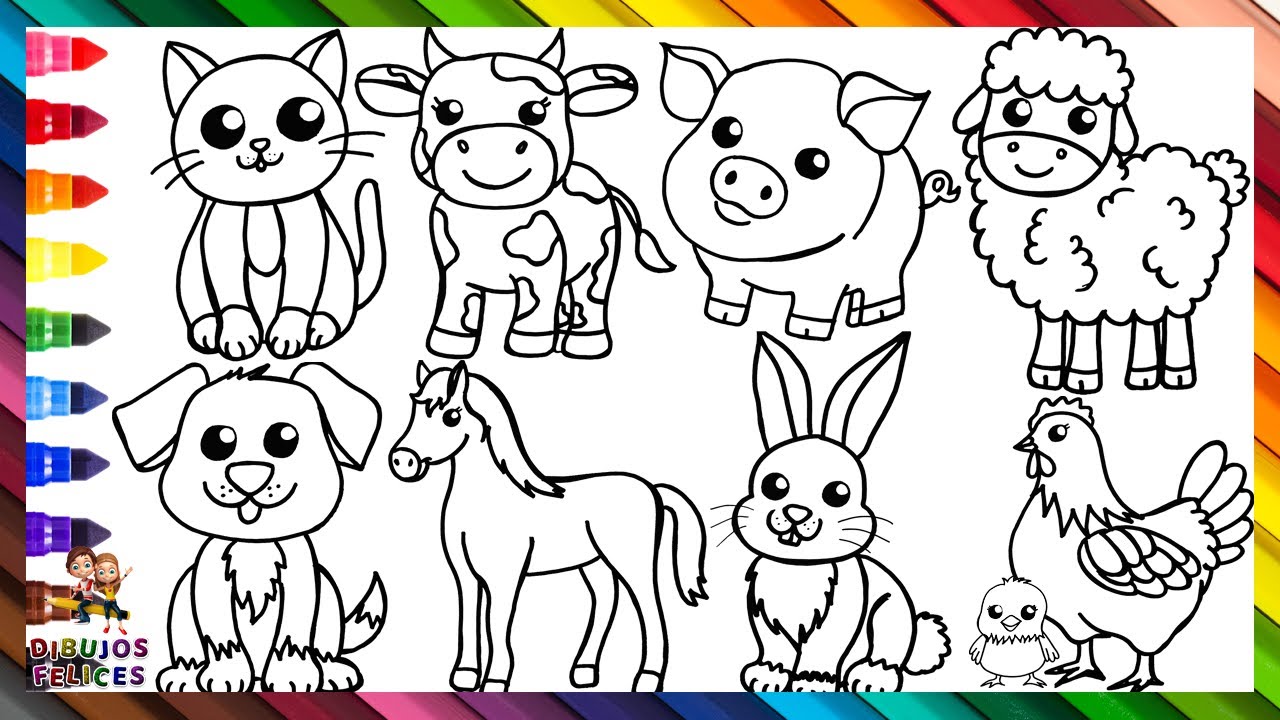Dibuja y Colorea 17 Animales Alrededor De La Casa 🐱 🐶 🐮 🐷 🐴 🐰 🐑 🐔 🐤 🐓 🐐 🦆  🐭 🐮 🦃🌈 Dibujos Para Niños