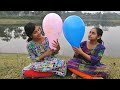 Outfoor fun with balloon bursting and learn colour