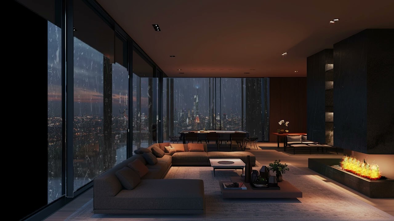 Nightfall Over the City from a Modern Apartment