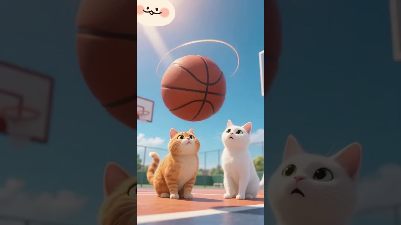 Orange and white cats play basketball together. 