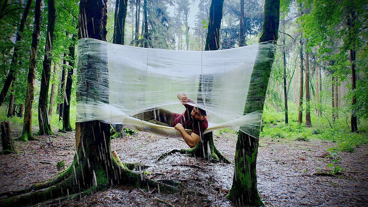 Building an Amazing Shelter Over with Plastic Wrap. RELAXING CAMP ...